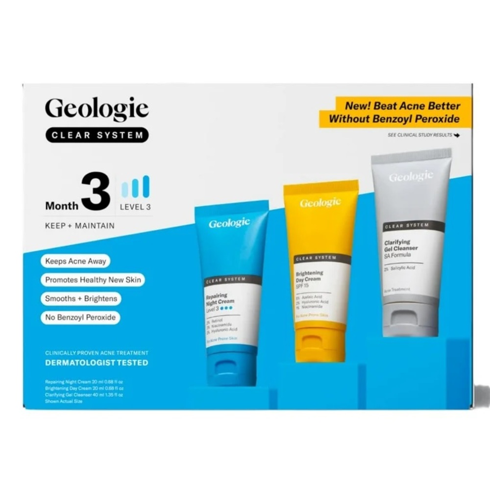 GEOLOGIE Clear System Level 3 Acne Treatment & Skincare Set 3pc, NEW